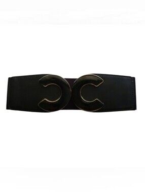 Wide Black Elastic Belt with Enamel Buckle Featuring Open Circles